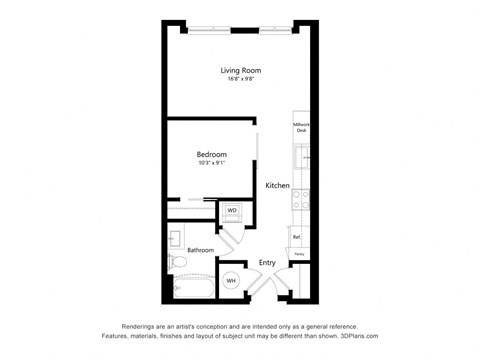 Floor plan for studio, 1 bath, 565 sqft